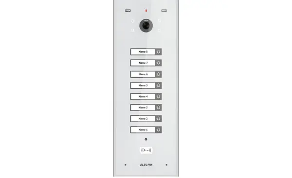 Post exterior videointerfon Electra VPU.08F03.ELWTL, incastrat, 8 familii, ecran din sticla securizata, acces RFID, IP44, alb