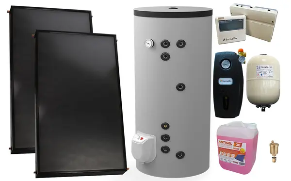 PPachet premium sistem solar presurizat, 2 x Panou solar plan Fornello 2.0 m² SPFP, Boiler cu 2 serpentine si rezistenta electrica Eldom FV20060S21 de 200 l, grup pompare, controller, vas expansiune, antigel, aerisitor 1/2