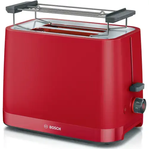 Prajitor de paine compact Bosch TAT3M124, setari pt decongelare si incalzire, suport pt incalzire chifle, high lift, oprire automata, rumenire uniforma, fara BPA pt elemente plastic, Rosu