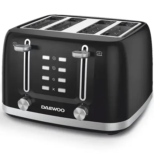 Prajitor de paine Daewoo DBT4160B, putere 1600 W, capacitate 4 felii, tavita de firimituri, functii: waffles, reincalzire, decongelare, anulare, control electronic rumenire, carcasa inox (Negru)