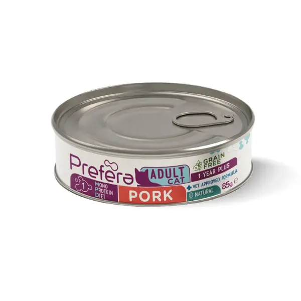 PREFERA MPD, Porc, dietă veterinară, conservă hrană umedă monoproteică fără cereale pisici, (în suc propriu), 85g
