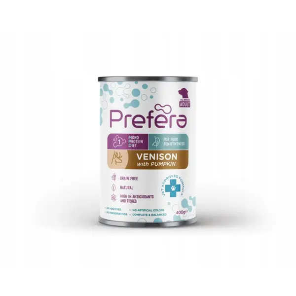 PREFERA MPD, XS-XL, Căprioară și dovleac, dietă veterinară, conservă hrană umedă monoproteică fără cereale câini, (în suc propriu), 400g