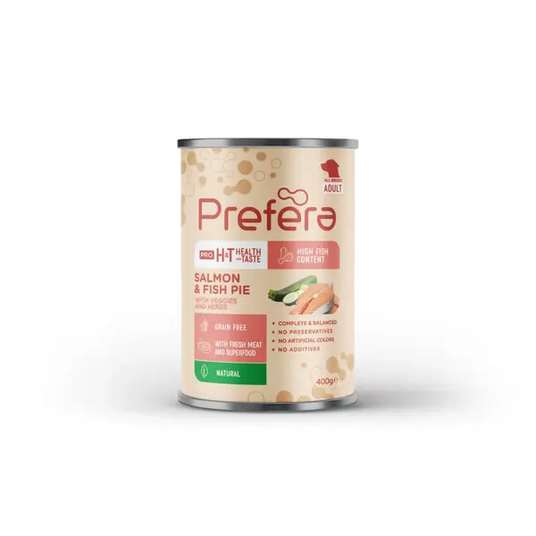 PREFERA Pro H&T Fish Pie, XS-XL, Somon și Zucchini, conservă hrană umedă fără cereale câini, (pate), 400g