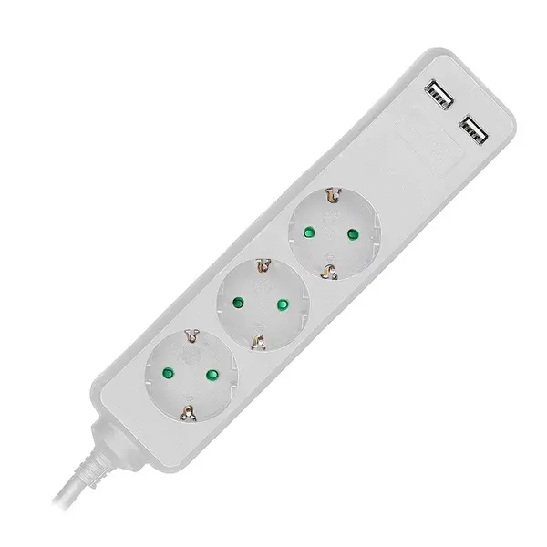 Prelungitor 3 prize + 2 USB, cablu 3G1.5mm² 1.5 m, 16A, alb, V-Tac SKU-8774