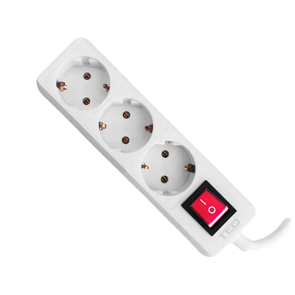 Prelungitor 3 prize Schuko cu întrerupător, 1.5 m, cablu 3x1mm², 10A/3680W, alb, TED Electric GN000803