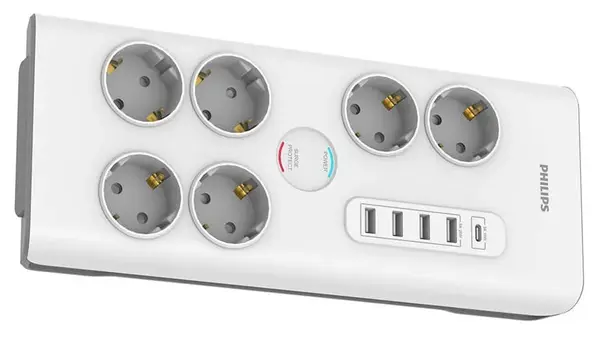 Prelungitor 6 posturi Shuko si 5 USB, 2 metri, Philips PH-SPN7060WA