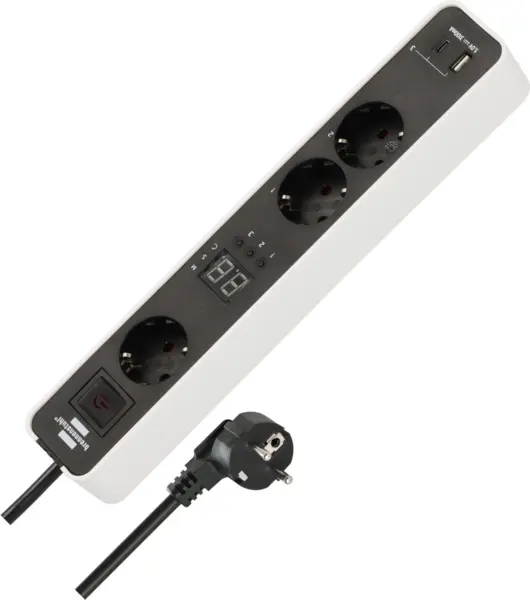 prelungitor brennenstuhl ecolor 3 prize, countdown, 1x usb a, 1x usb-c, buton on off 1,5m h05vvf 3g1,5, alb negru