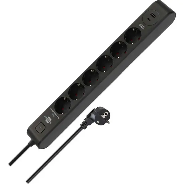 Prelungitor Brennenstuhl - Surge Protection, 6 prize , 1x USB-C & 1x USB-A, 2 m, negru