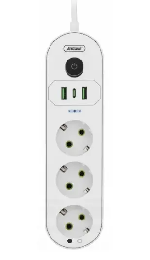 Prelungitor cu 3 prize USB intrerupator si protectie la supratensiune 2 m Andowl Q PX360