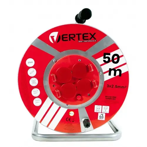 Prelungitor cu tambur Vertex PB50METAL, 50m, 4 prize, Rosu/Negru