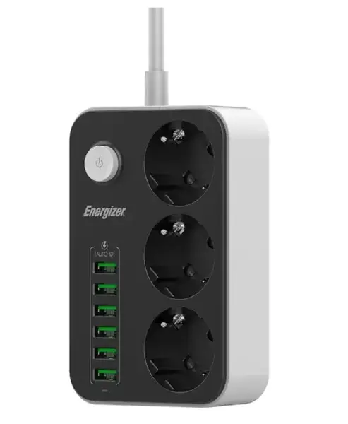 Prelungitor Energizer ENZ00018, 3 x AC Schuko, 6 x USB-A, 2500 W, 10 A, 2 m lungime cablu, Negru
