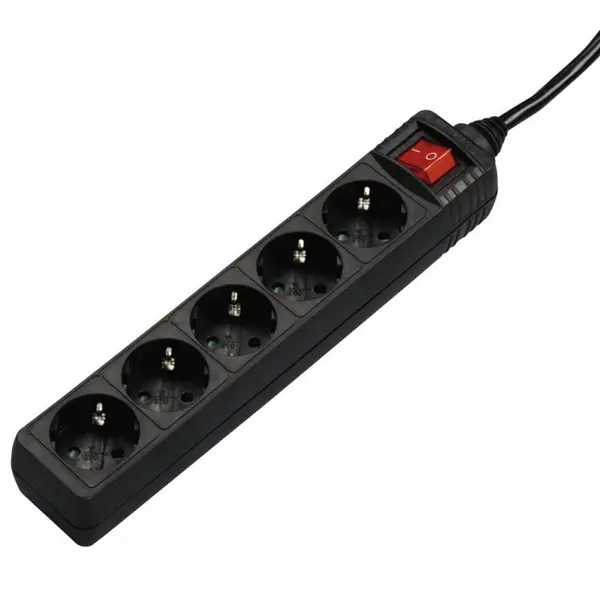 Prelungitor HAMA 5 prize, 1,4 m, buton ON/OFF, negru