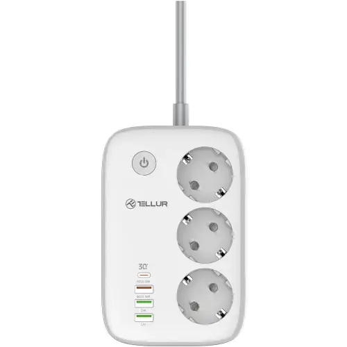 Prelungitor inteligent Tellur Smart TLL331521, Wi-Fi, 3 porturi, PD30W, QC18W, 2xUSB 2.4A, 2500W, 10A, protectie pentru copii si supratensiune, 2m, Alb/Gri