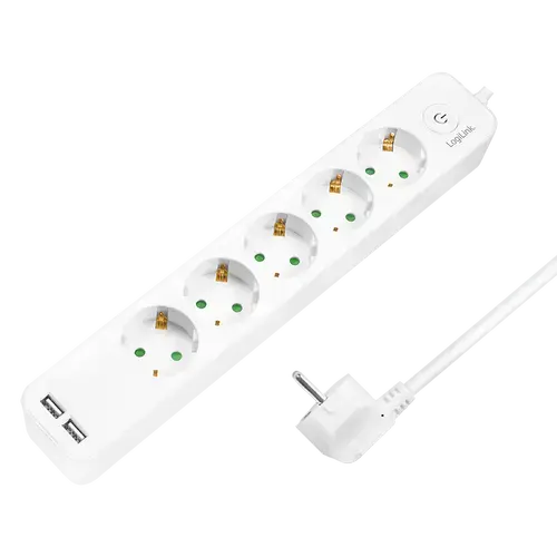 Prelungitor LogiLink LPS249U, cu intrerupator iluminat, 5 prize, 2xUSB 5 V/2.1 A 10.5 W, IP20, H05VV-F 3G 1.5 mm², cordon 1.5m, Alb