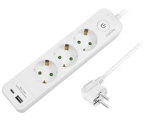 Prelungitor LogiLink LPS279U, 3 prize, USB-A x 1, USB-C x 1, 2 m (Alb)