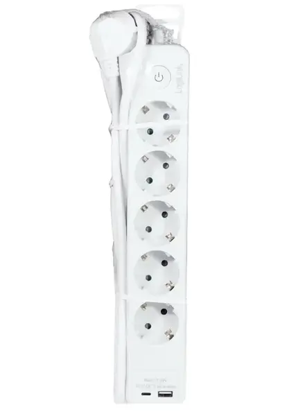 Prelungitor Logilink LPS280U, 5 prize, 1x USB-C, 1x USB-A, 17W, intrerupator, protectie la suprasarcina, IP20, H05VV-F 3G 1.5 mm², 1.5 m (Alb)