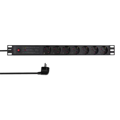 Prelungitor PDU LOGILINK 1U pentru rack 19 inch, 7 prize Schuko, intrare Schuko, max 16 A, ON/OFF, prot. suprasarcina, filtru de linie, IP20, 2 m (Negru)