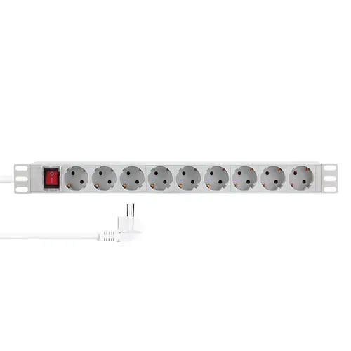 Prelungitor PDU LOGILINK 1U pentru rack 19 inch, 9 prize Schuko, intrare Schuko, max 16 A, ON/OFF, IP20, 2 m, Gri