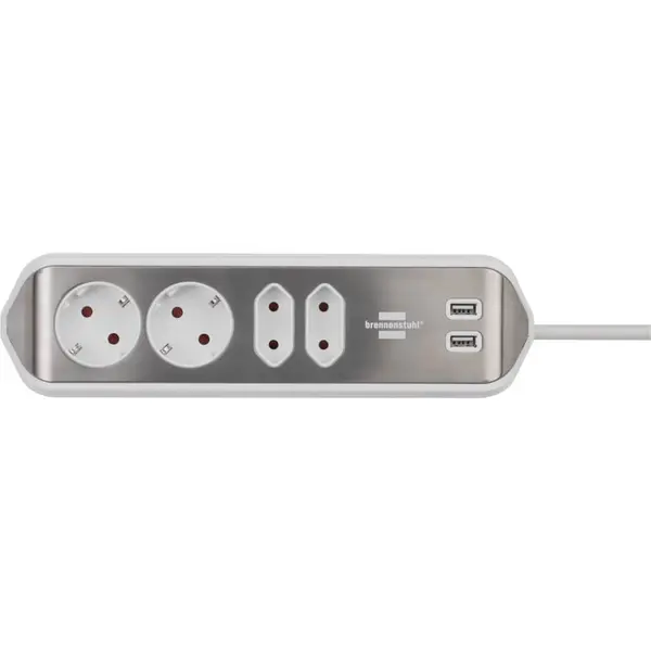 Prelungitor pentru perete/colt Brennenstuhl Estilo 214156, 4 prize, 2 x USB, 2m, Culoare Argintiu/Alb