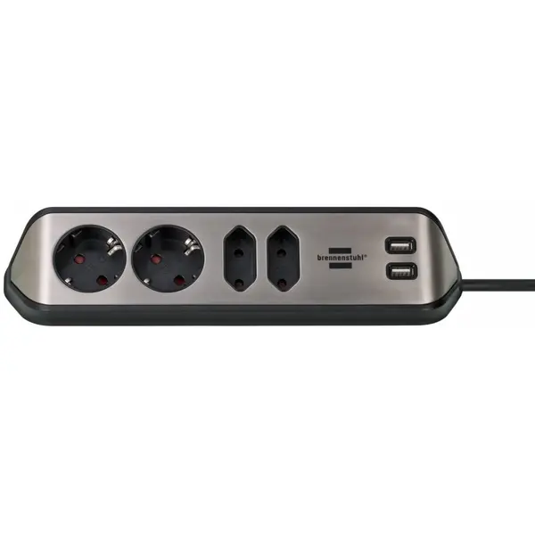 Prelungitor pentru perete/colt Brennenstuhl Estilo 4 prize, 2 USB, 3.1 A, 2m Inox, adeziv inclus, argintiu-negru 1153590410