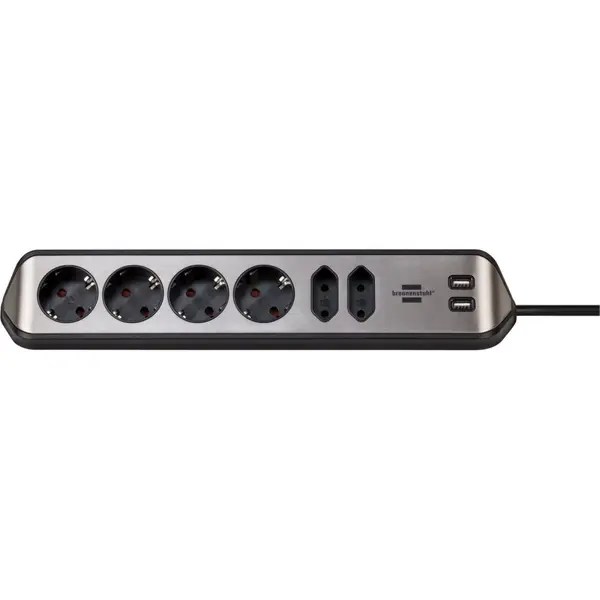 Prelungitor pentru perete/colt Brennenstuhl Estilo 6 prize, 2 USB, 3.1 A, 2m inox, adeziv inclus, argintiu-negru 1153590610