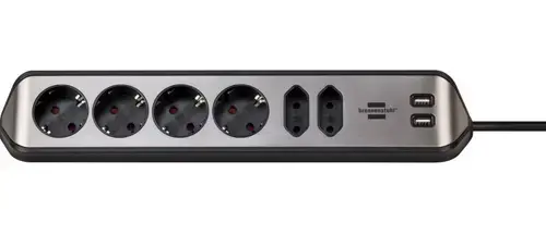 Prelungitor pentru perete/colt Brennenstuhl Estilo, 6 prize, 2xUSB, 3.1 A, cablu H05VV-F 3G1.5, 2m (Argintiu/Negru)