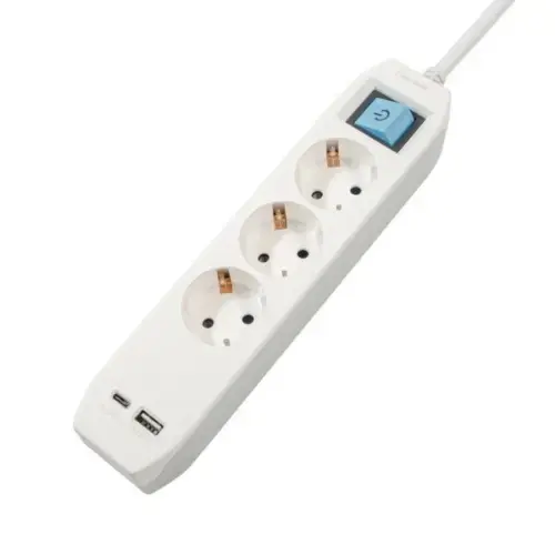 Prelungitor Spacer PP-3-18-TC-USB, Schuko x 3, Type-C x1, USB x 1, cablu 1.8m (Gri/Alb)