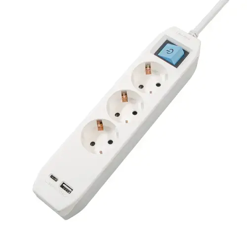 Prelungitor SPACER, Schuko x 3, conectare prin Schuko (T), Type-C x1, USB x 1, 3.1A, cablu 3m, 16 A, max. 3500W, protectie copii, protectie supratensiune (Alb)