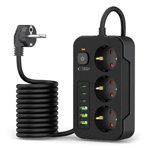 Prelungitor Tech-Protect PC3X6, 3 x Schuko - 3 x USB-A - 3 x USB-C, Negru