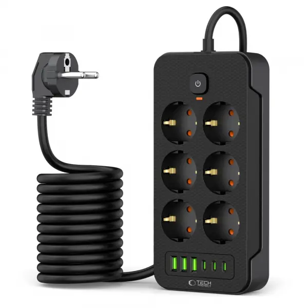 Prelungitor Tech-Protect PC6X6, 6 x Schuko, Negru