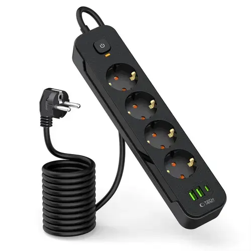 Prelungitor Tech-Protect PCL4X3, 2.1A, 1 x USB-C - 2 x USB-A - 4 x Schuko, Negru