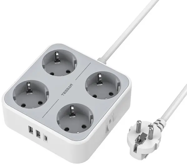 prelungitor tessan ts-302-c, 4 prize, 2 x usb-a, 1x usb-c, 3a, cablu 2m