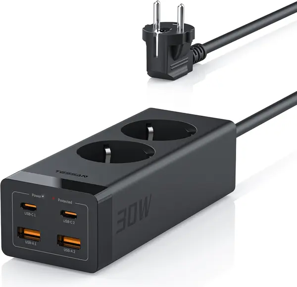 prelungitor tessan , zts-fs01de, 2x usb-c, 2x usb, 2 prize, incarcare rapida usb-c, 30w, 2m, negru