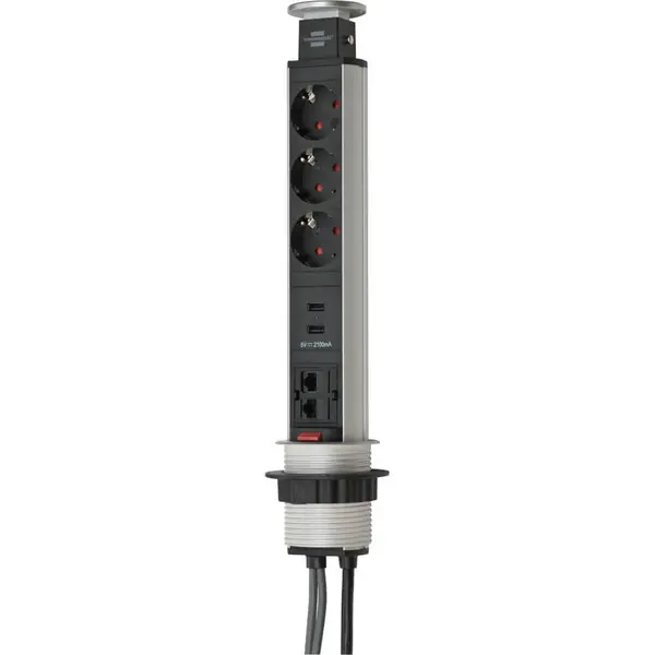 Prelungitor tip turn retractabil Brennenstuhl 215724, 2 x RJ45, 3 prize, 2 x USB, 2m, Argintiu/Negru