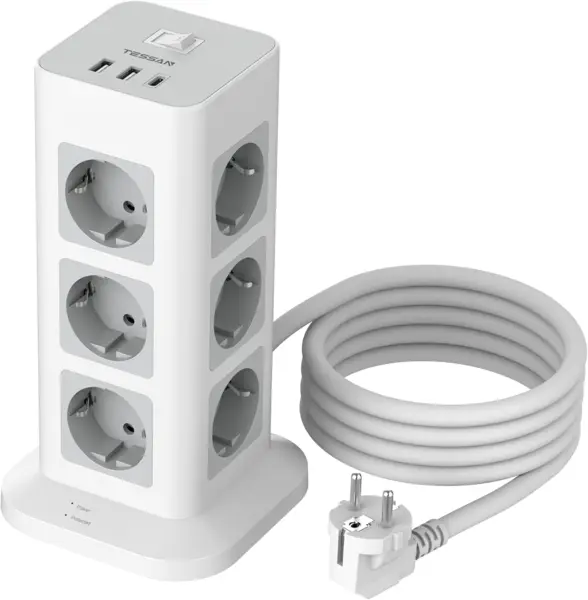 prelungitor tip turn tessan tps04-de, 12 prize, 3 usb, 1 usb-c, 3a, cablu 2m