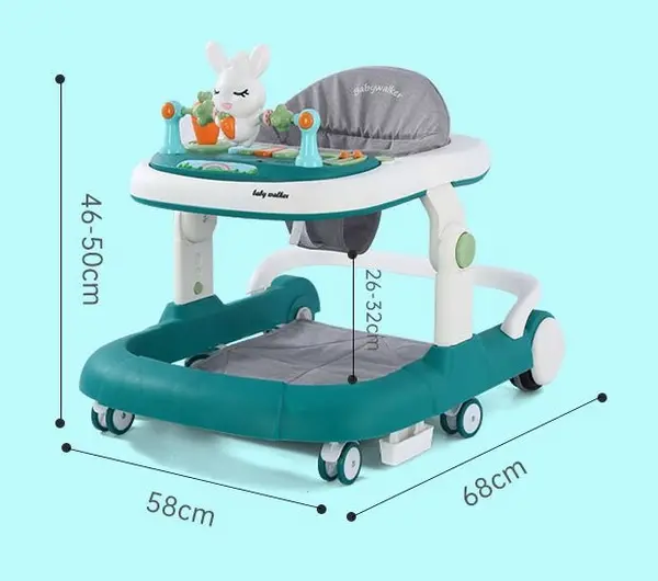 Premergator copii Little Mom Pink Rabbit, pliabil, cu maner de sustinere parental, cu perna de sezut ajustabila, panou interactiv detasabil, roti silentioase cu rotire 360 grade si sistem de franare, structura piramidala