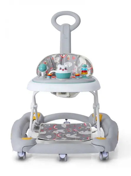 Premergator pentru bebelusi Little Mom, multifunctional cu maner parental, sistem de balansare, Muzica, roti silentioase, cu perna de sezut si copertina detasabila, dimensiune 54 x 17 x 86 cm, Grey