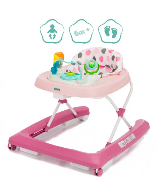 Premergator pentru copii Fillikid Pink cu jucarie, opritor de siguranta, reglabil pe incaltime si pliabil