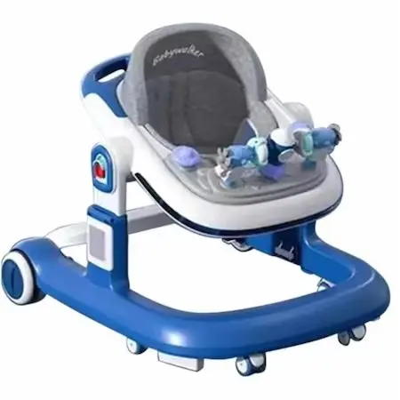 Premergator pentru copii Little Mom Rocket Blue cu functie de antepremergator, cu sezut reglabil in inaltime, panou interactiv detasabil, cu roti silentioase, sistem de franare, dimensiune 76 x 58 x 60 cm