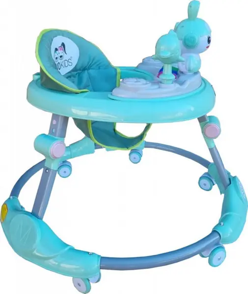 Premergator reglabil in 6 trepte de inaltime Novokids Happy Bunny Verde Turquoise, cu melodii si lumini, pliabil, greutate admisa 20 kg, roti silentioase