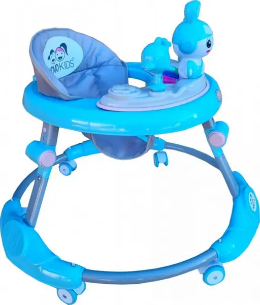 Premergator reglabil in 6 trepte de inaltime Novokids Happy Bunny Albastru, cu melodii si lumini, pliabil, greutate admisa 20 kg, roti silentioase