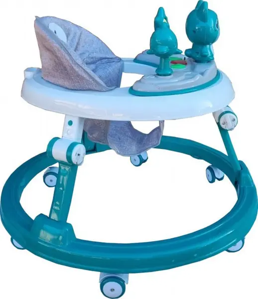 Premergator reglabil in 6 trepte de inaltime Novokids Happy Kitty Verde Turquoise, cu melodii, pliabil, greutate admisa 20 kg, roti silentioase