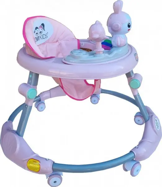 Premergator reglabil in 6 trepte de inaltime Novokids Happy Bunny Roz, cu melodii si lumini, pliabil, greutate admisa 20 kg, roti silentioase