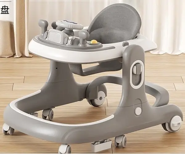 Premergator si antepremergator 2 in 1 pentru copii Little Mom grey, pliabil, inaltime reglabila, sezut cu spatar, roti silentioase, panou interactiv detasabil cu sunete