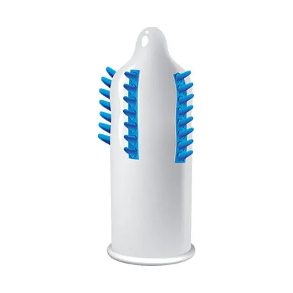 Prezervativ stimulator EGZO Tough Cat Blue - Medium, cu texturi proeminente, din latex, diametru 52 mm, 1 buc