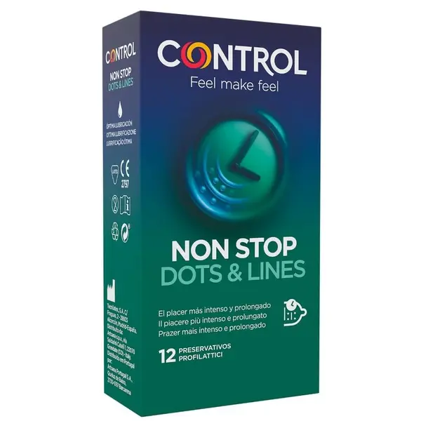 Prezervative Control – Non Stop, Dots & Lines pentru întârzierea ejaculării și plăcere prelungită,cu striatii 12 bucăți