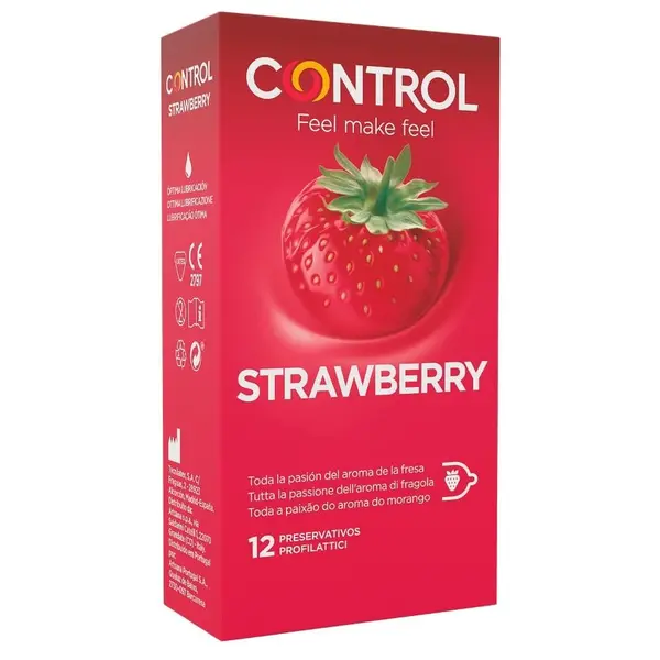 Prezervative Control – Strawberry, cu aromă de căpșuni și formă adaptabilă pentru confort sporit, 12 bucăți