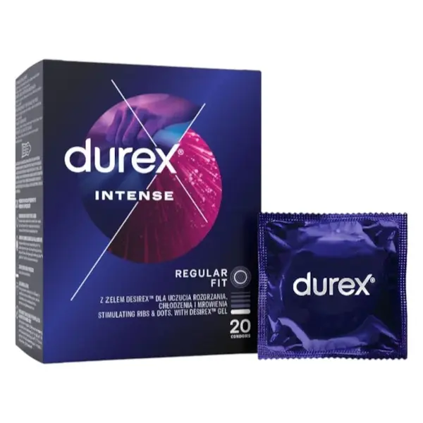 Prezervative cu striații DUREX Intense, cu efect de stimulare clitoridiană și intensificare orgasm feminin, 56 mm, 20 buc