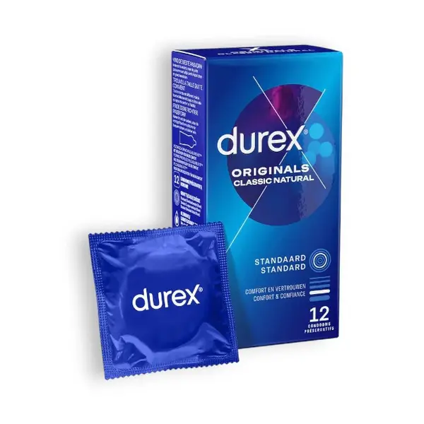Prezervative Durex - Originals Classic Natural, lubrifiate si rezistente, 56mm, 1 cutie x 12 buc