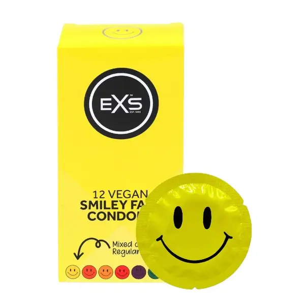 Prezervative EXS Smiley Face Condoms, design multicolor cu zâmbet, din latex, diametru 54 mm, 12 bucăți